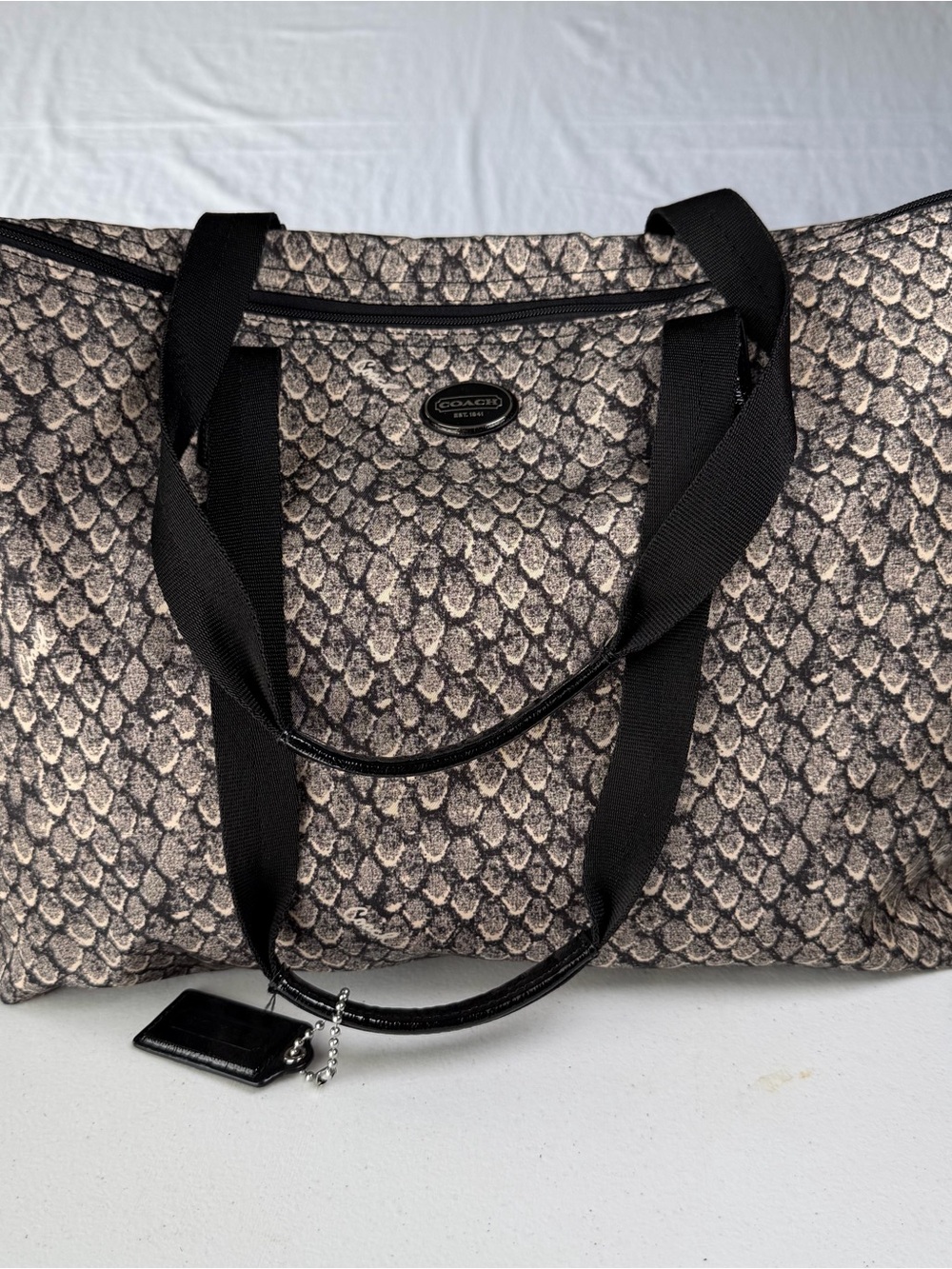 Coach Snakeskin Print Zip Tote Webbing Straps Hangtag